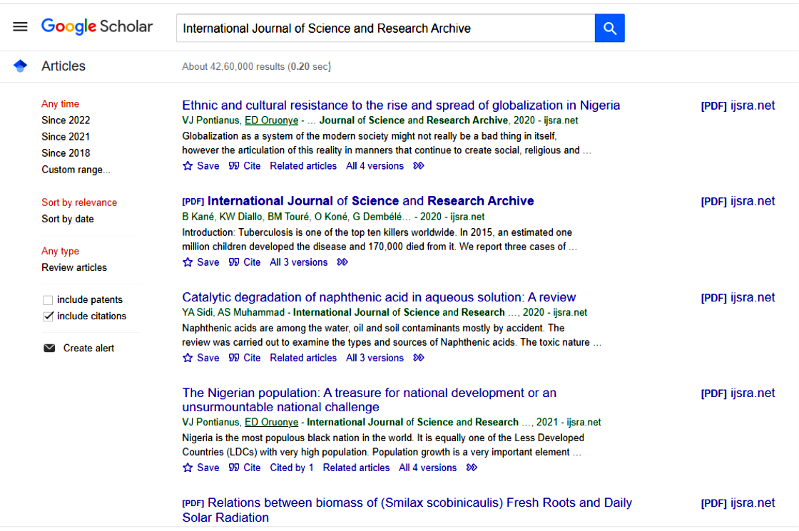 IJSRA is Google Scholar Indexed Journal. All articles published in IJSAR are indexed at Google Scholar.